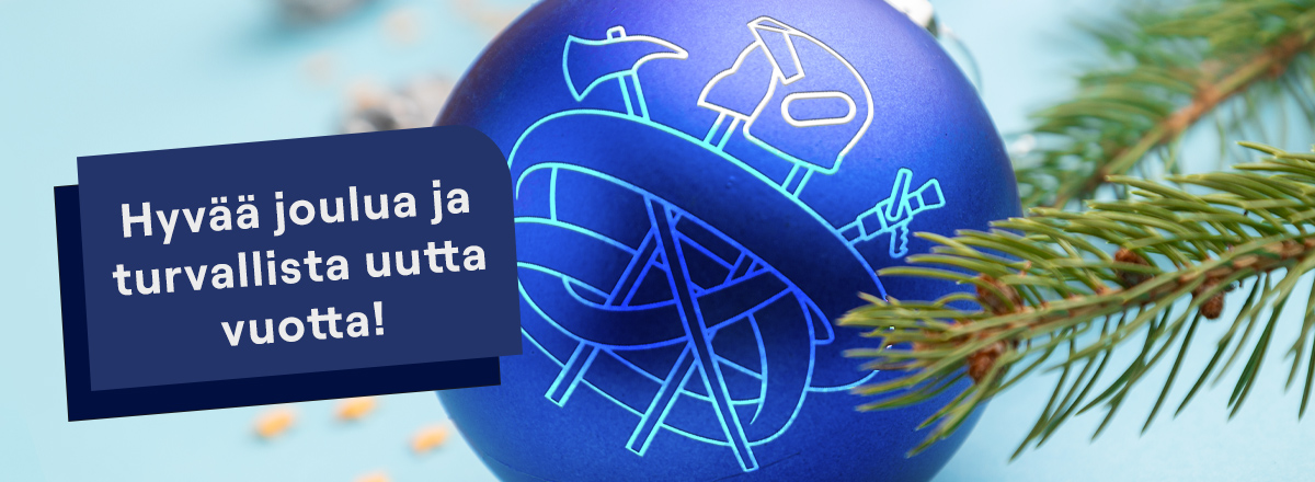 Joulupallo, jossa palokuntaan-logo ja kuusenoksa. Teksti hyv&auml;&auml; joulua ja turvallista uutta vuotta.